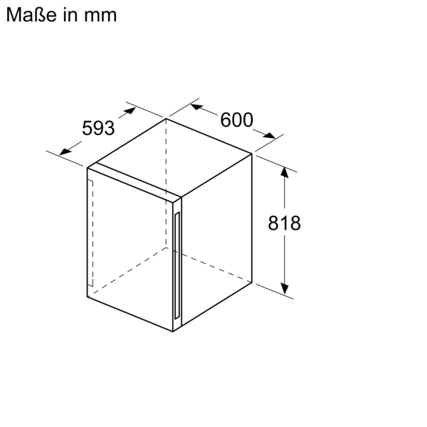 Isometrische Ansicht eines weißen Kastens mit Maßen in mm. Die Maße sind 593, 600 und 818.