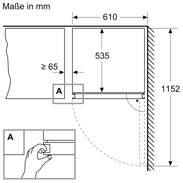 Abmessungsdiagramm eines Einbaugeräts mit Messungen.