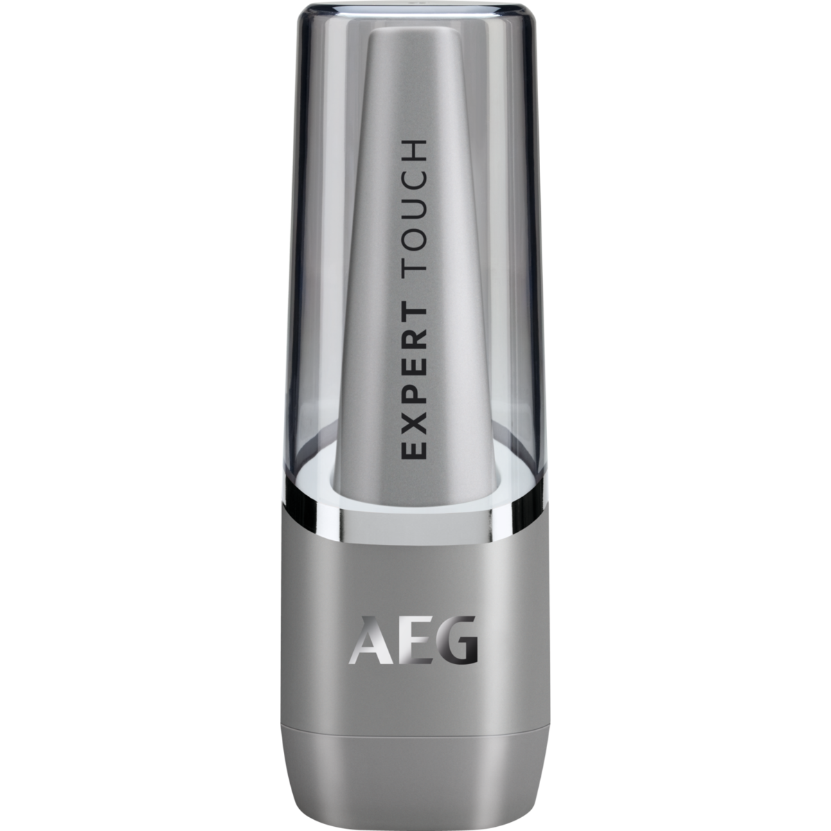 Silver and clear AEG device, vertical. Black background. Text reads 'EXPERT TOUCH'.