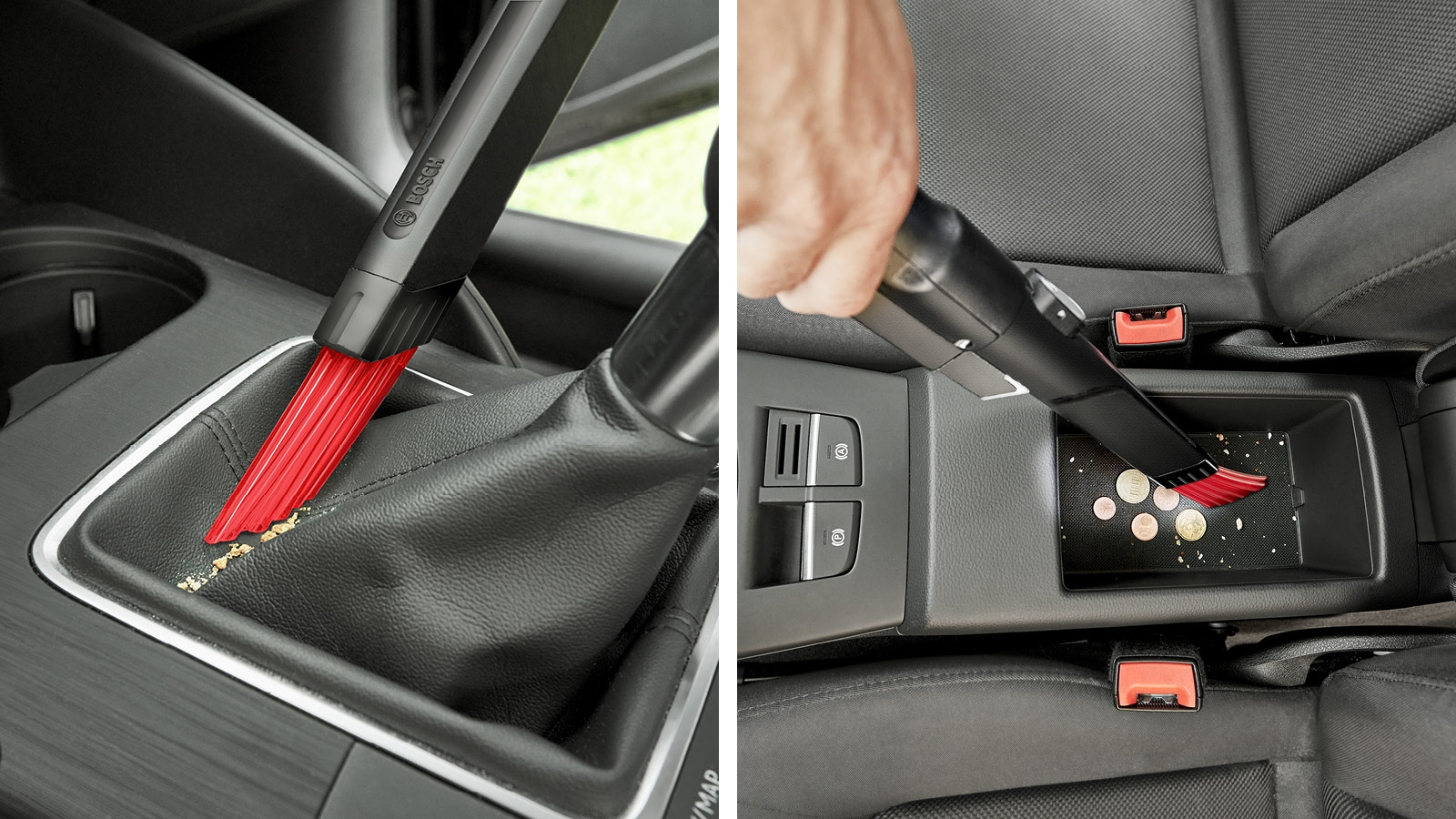 Staubsaugen im Auto, mit Bürstenaufsatz zur Reinigung von Ritzen und Konsole.