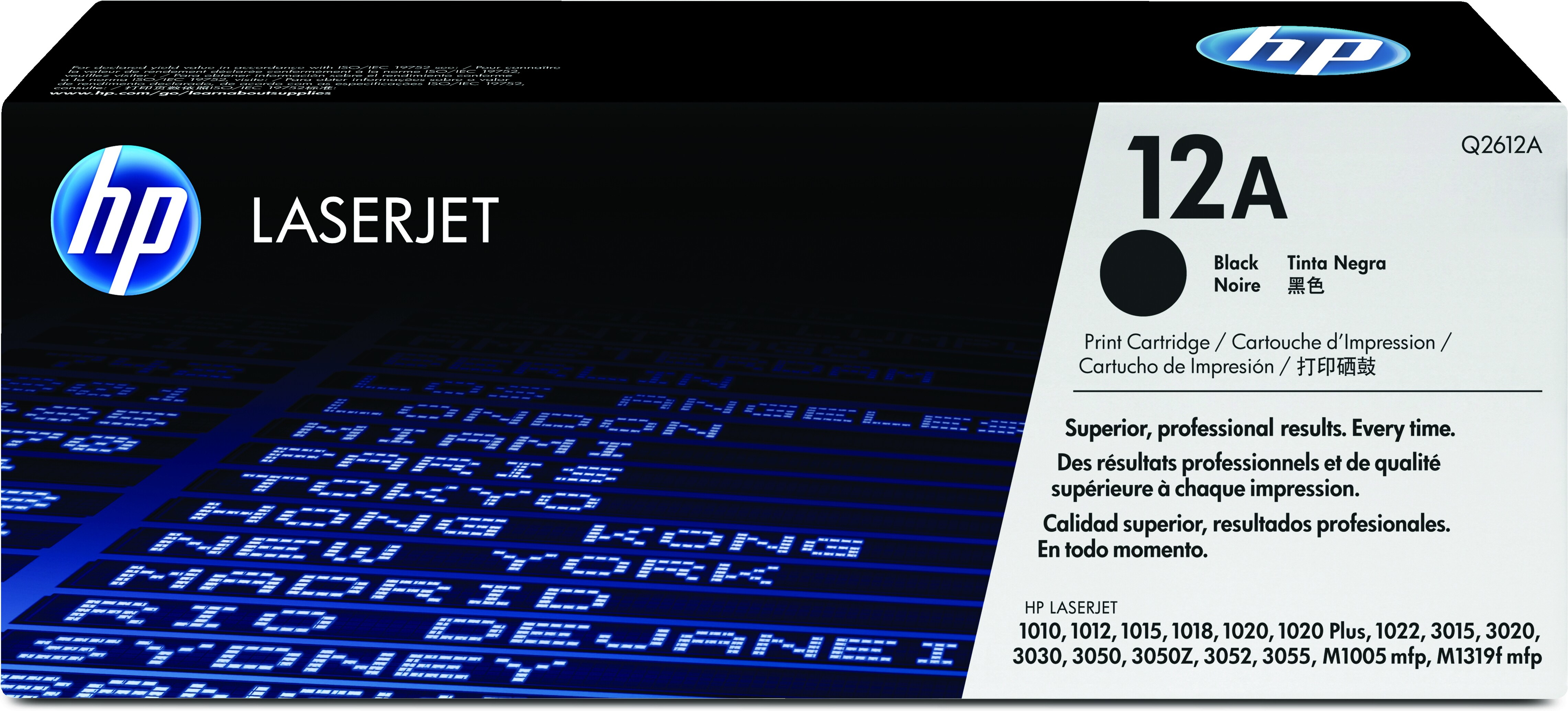 HP LaserJet 12A black toner cartridge box, with text, on white background.