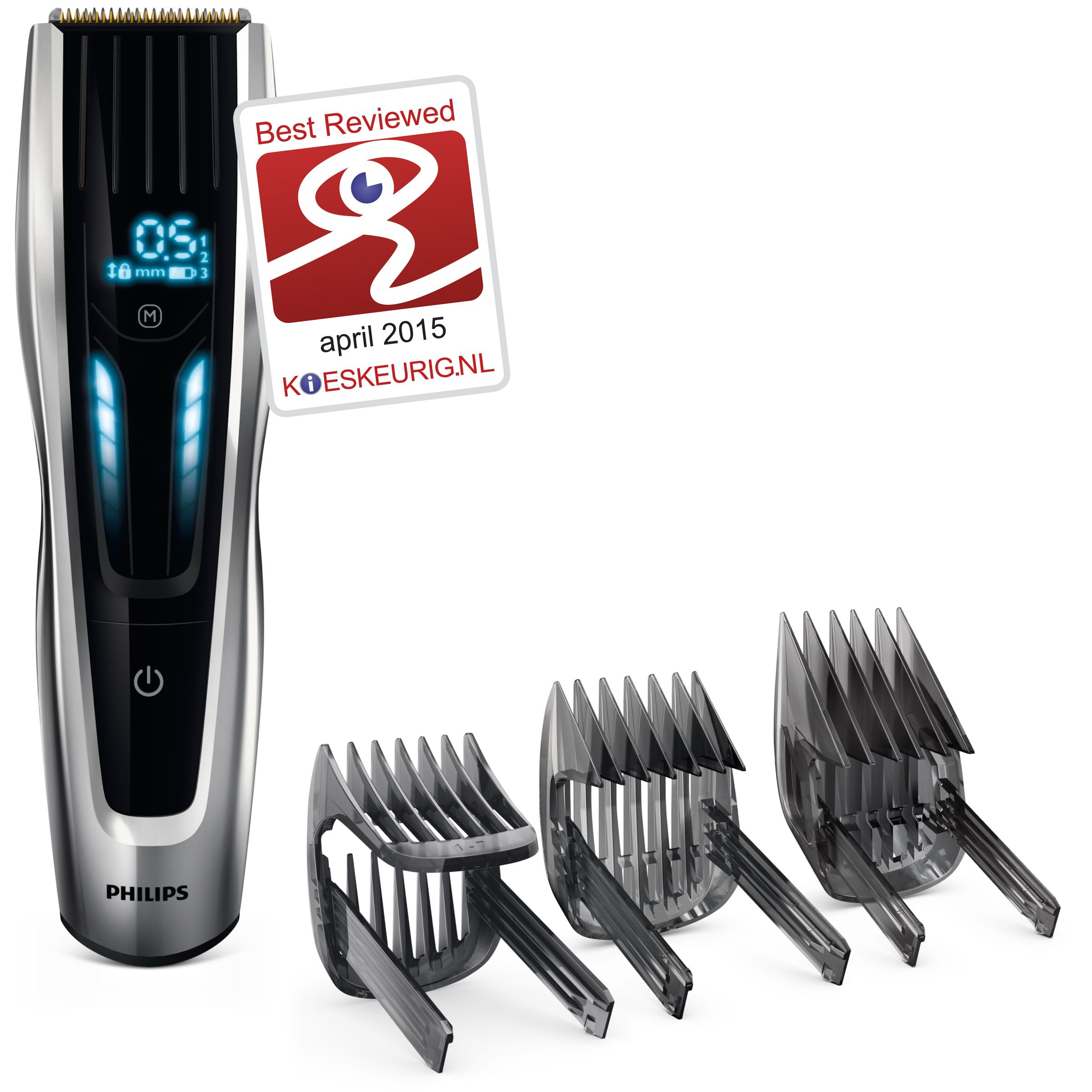 A Philips hair clipper with attachments and a 'Best Reviewed' sticker.