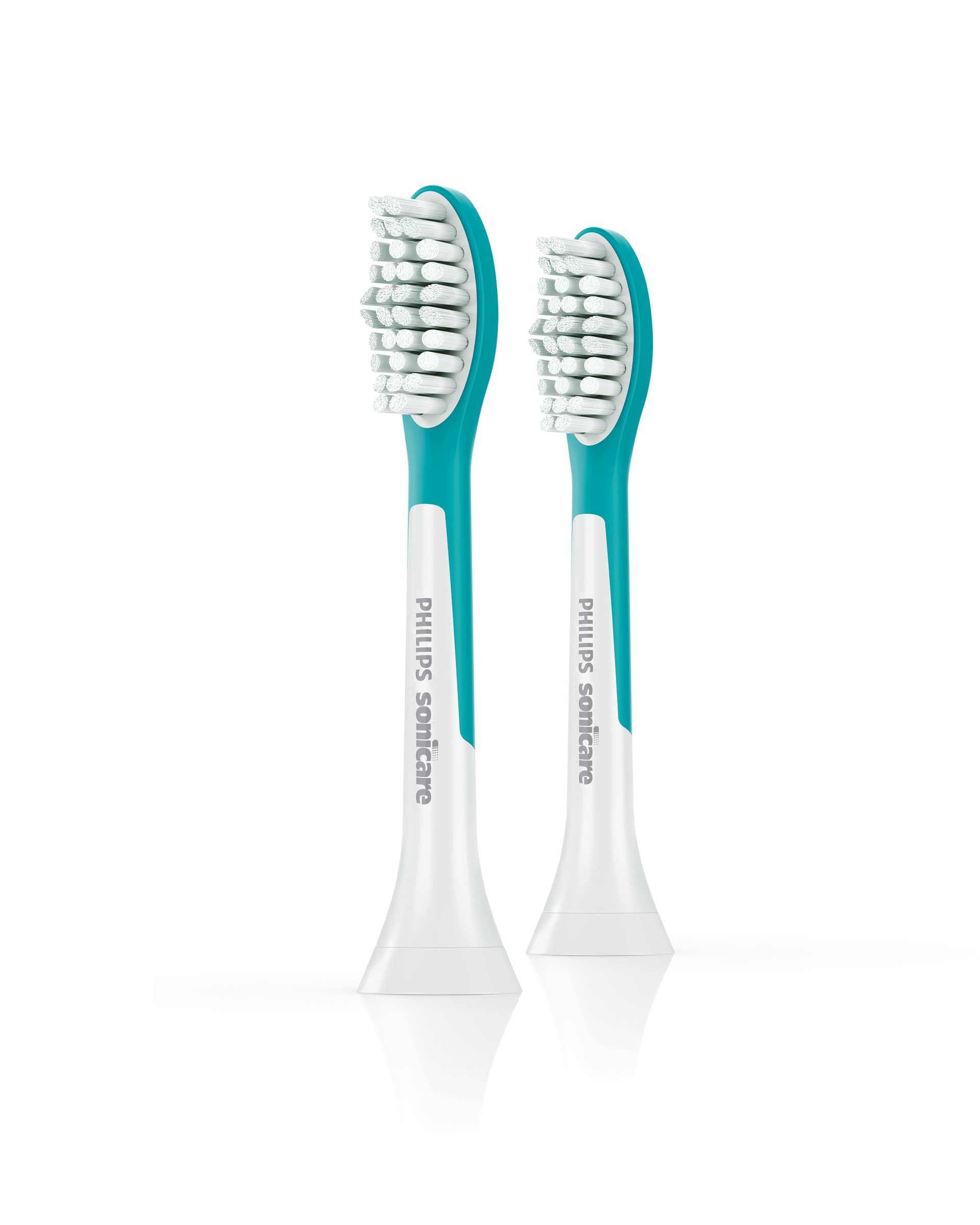 Two Philips Sonicare toothbrush heads, teal and white, on white background.