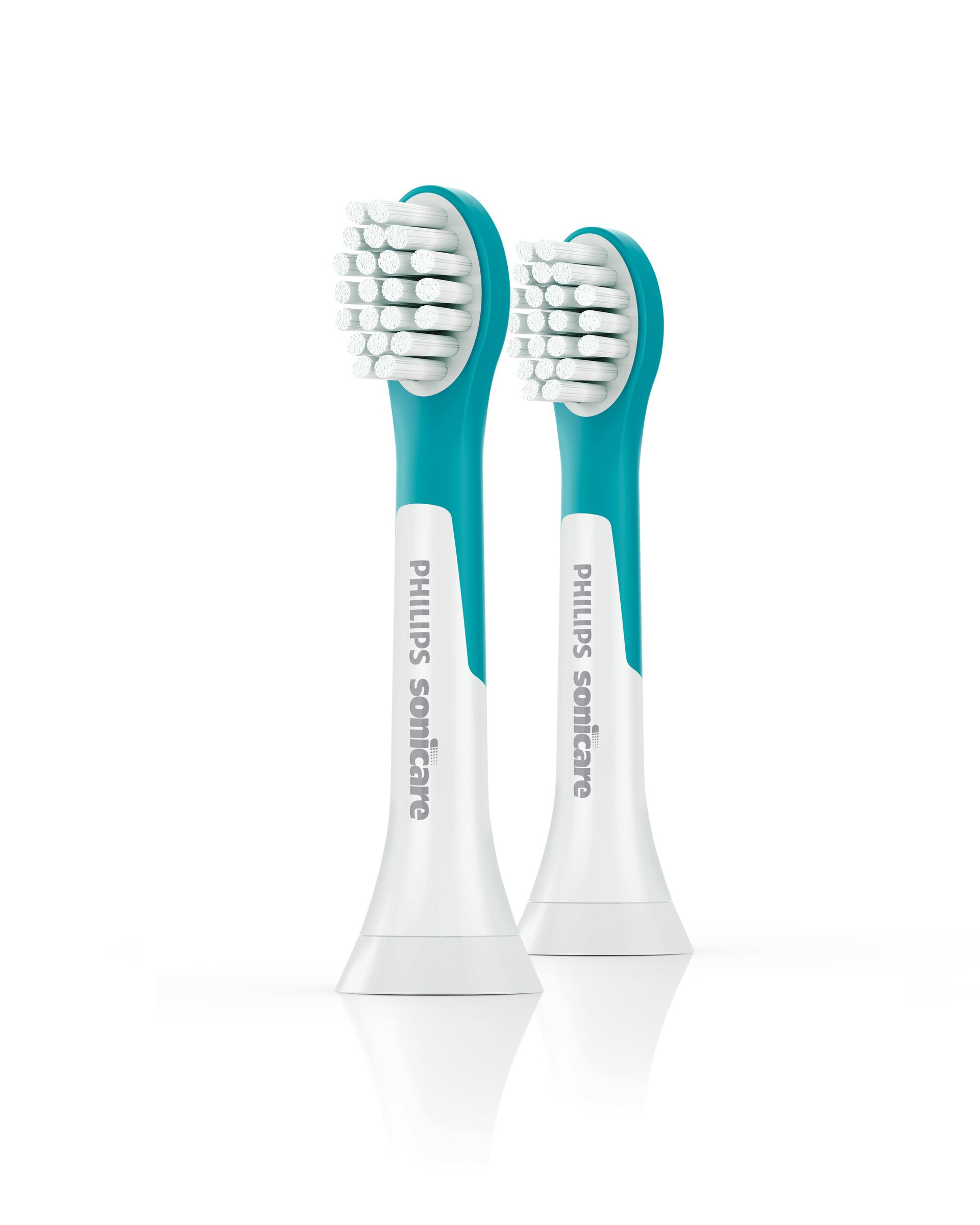 Twee Philips Sonicare tandenborstelkoppen, blauwgroen en wit, tegen een witte achtergrond.