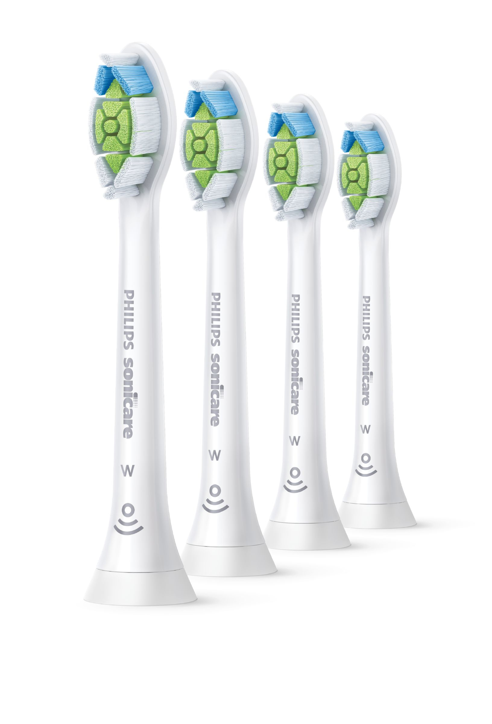 Vier witte Philips Sonicare tandenborstelkoppen. Groene en blauwe borstelharen zijn zichtbaar.