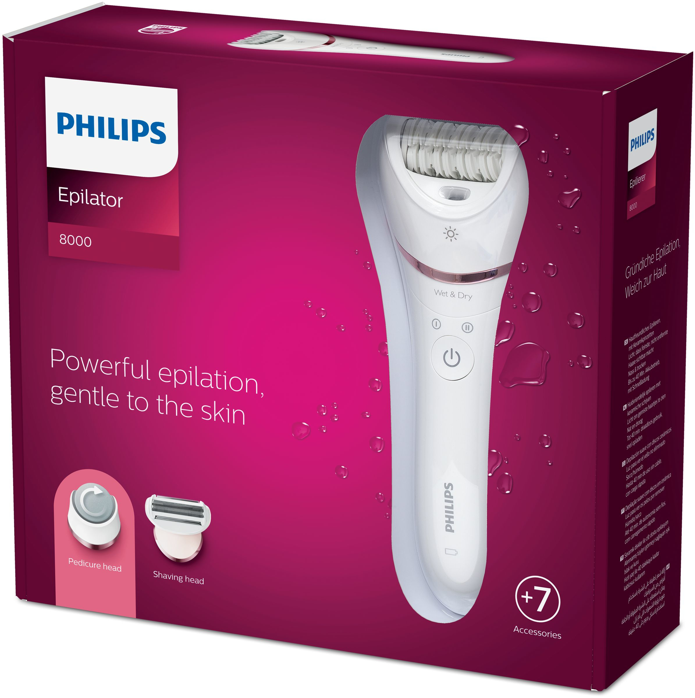 Weißer und roségoldener Philips Epilierer, mit Aufsätzen, auf weißem Hintergrund.
