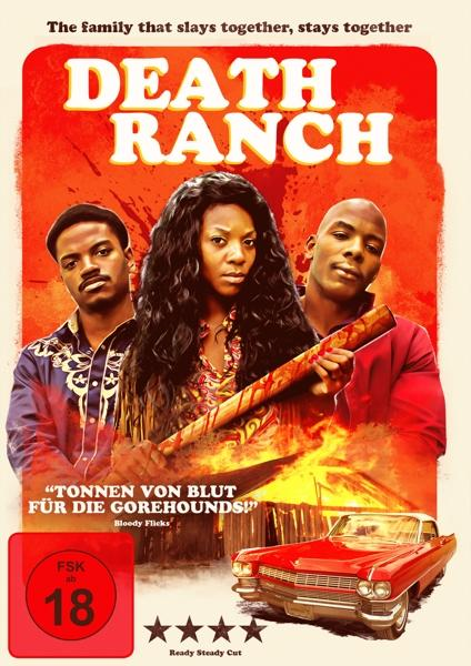 DVD-Cover mit drei Personen und einem brennenden Auto, mit dem Text 'Death Ranch'.