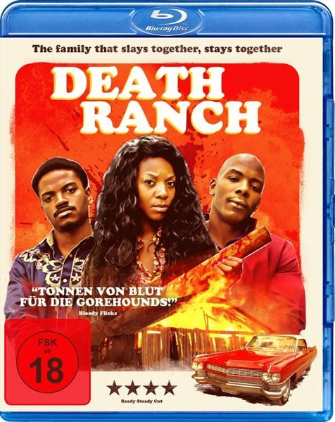 Blu-ray-Cover. Drei Personen, ein Auto und Text auf Deutsch. Roter und orangefarbener Hintergrund.