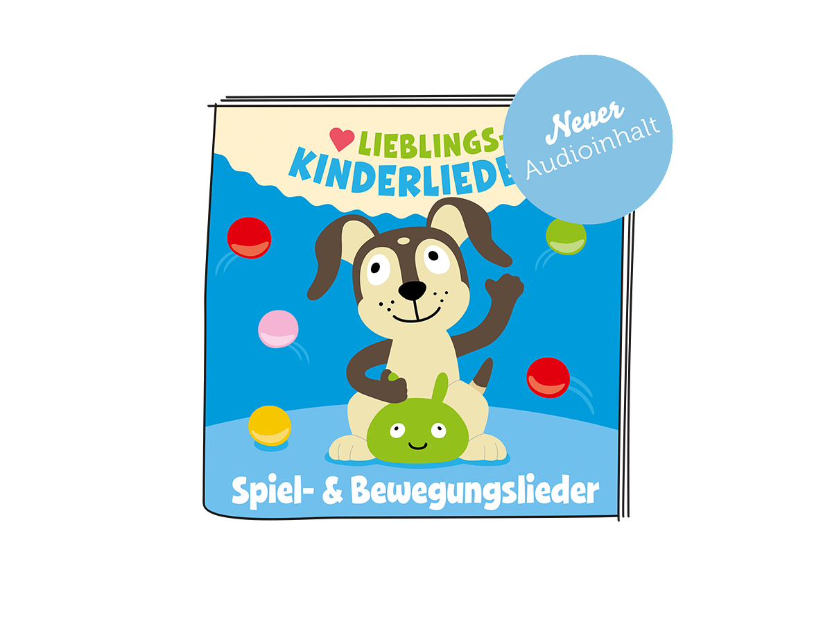 Ein Buchcover mit einem Zeichentrickhund und Bällen. Es steht 'Lieblings Kinderlieder' und 'Spiel-&Bewegungslieder'.