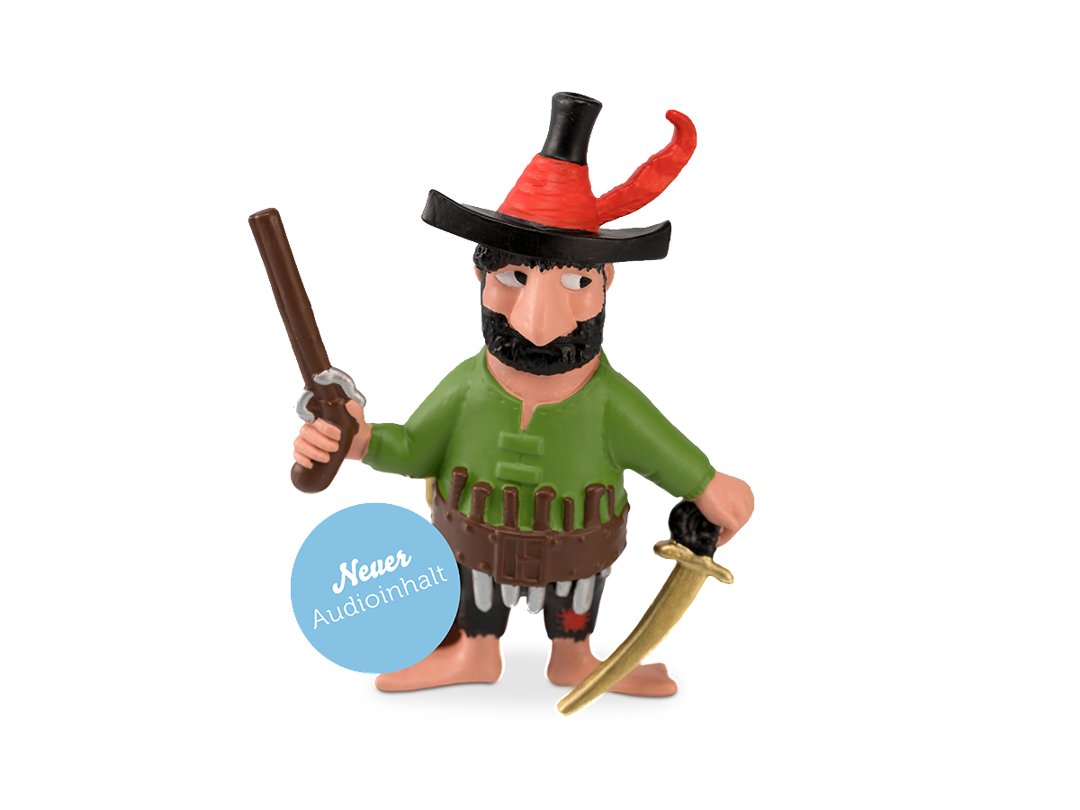 Eine Piratenfigur mit Schwert und Stock, mit einer blauen Sprechblase.