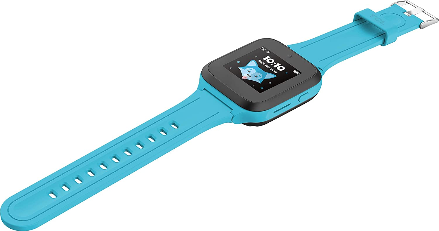 Une montre intelligente bleue avec un écran noir affichant l'heure et une étoile.