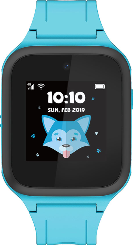Une montre intelligente avec un bracelet bleu et un affichage numérique indiquant l'heure.