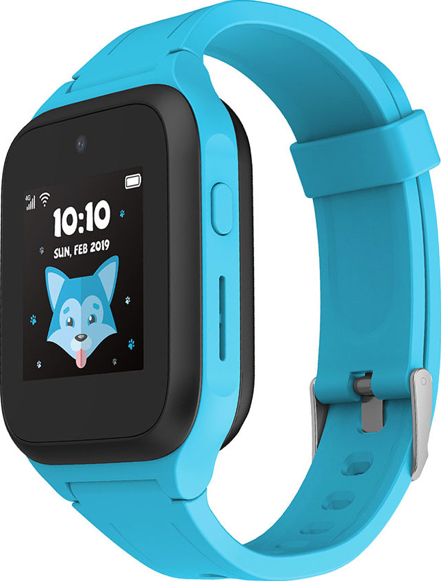 Montre connectée bleue. Une montre connectée bleue avec écran tactile affichant l'heure et un visage de dessin animé.