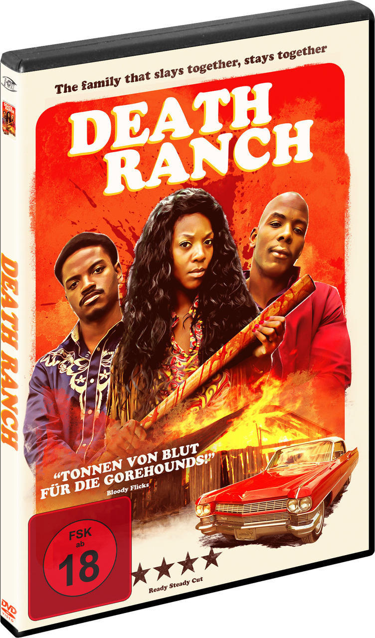 DVD-Cover von Death Ranch. Drei Personen vor einem Auto und Feuer.