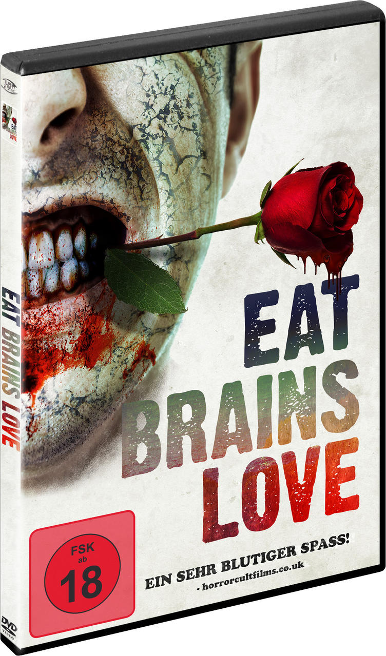 DVD-Cover: Zombiekopf mit roter Rose im Mund, Titel 'EAT BRAINS LOVE'.
