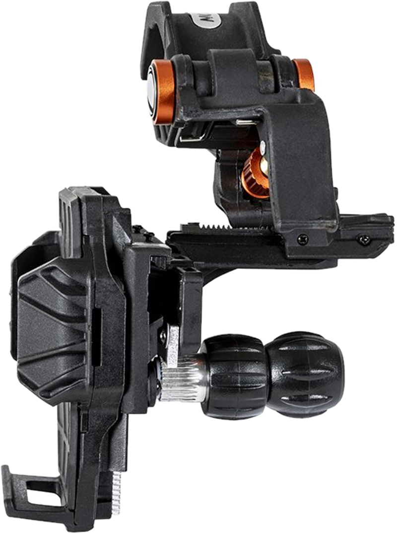 Un support de montage noir et orange pour une caméra ou autre équipement.