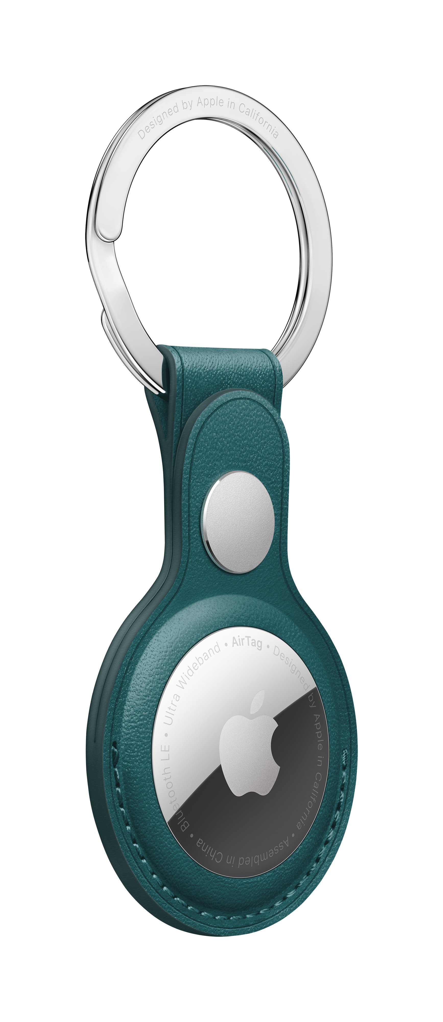 Türkisfarbener Leder-AirTag-Halter mit silbernem Ring.