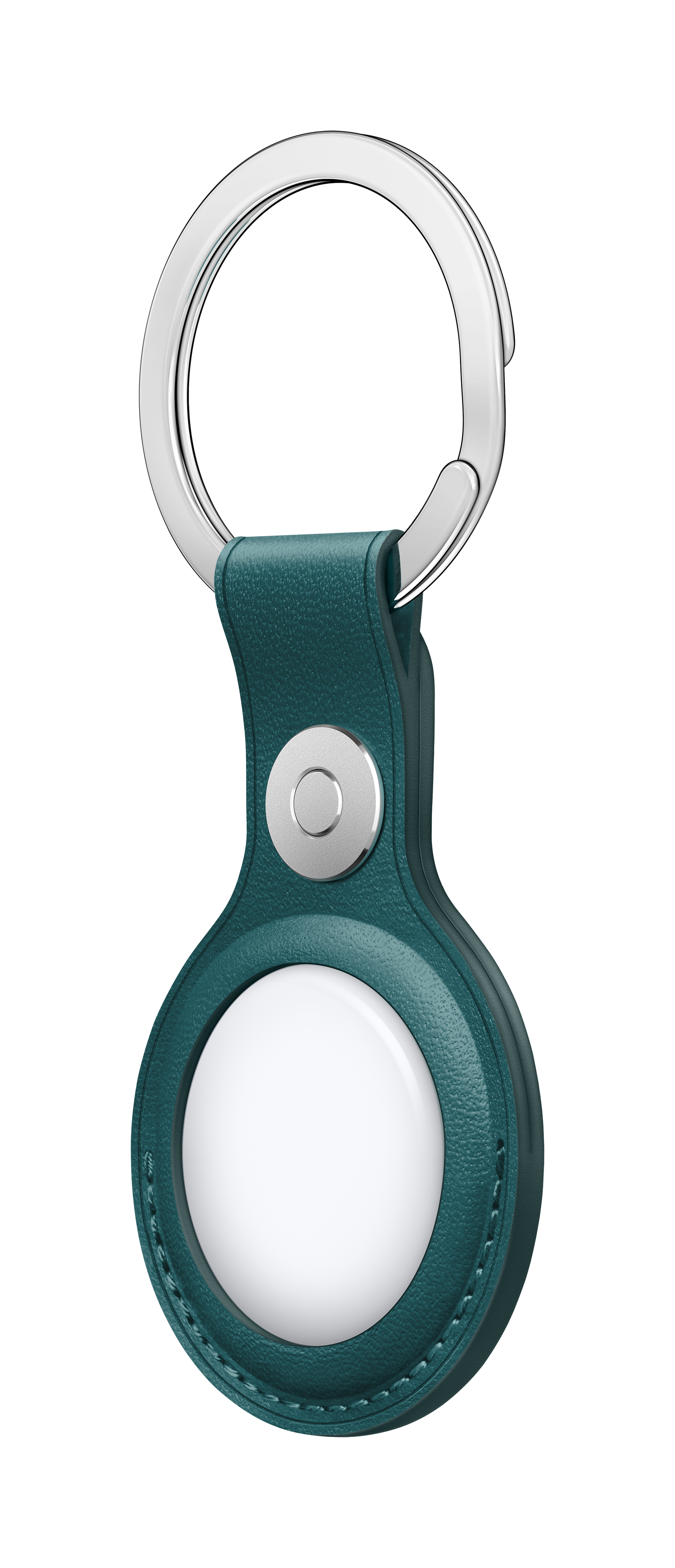 AirTag-Halter aus tealfarbenem Leder mit silbernem Ring und Knopf, weißem Kreis.