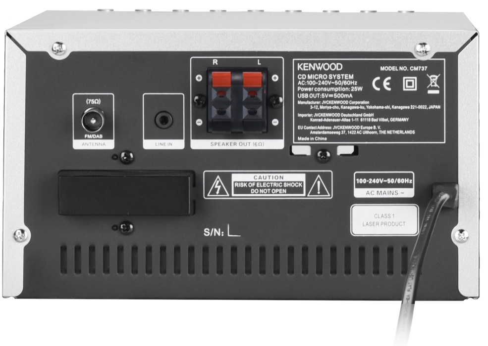 Achteraanzicht van een Kenwood CD microsysteem. Zwart en zilver met diverse input- en outputpoorten.