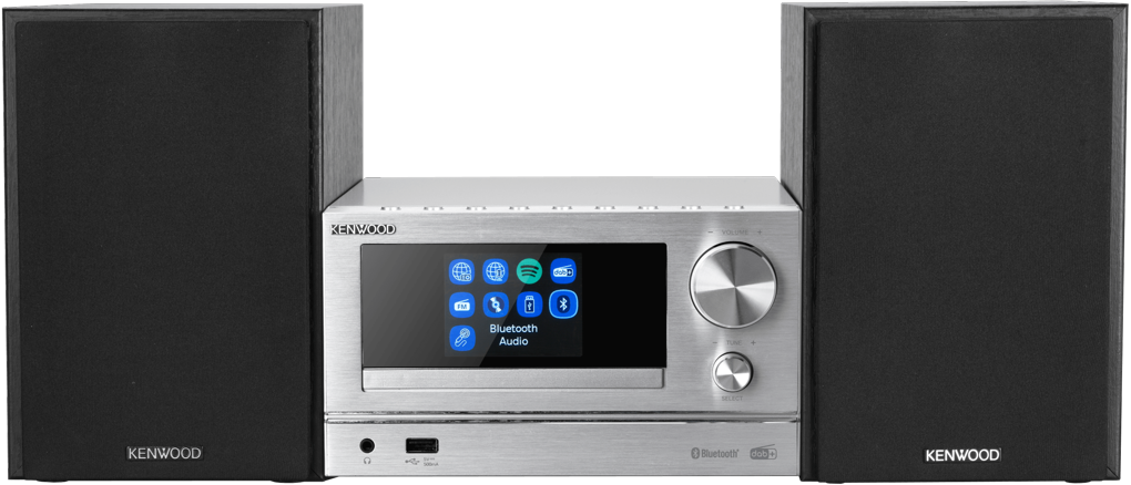 Kenwood audiosysteem met twee luidsprekers. Zilveren hoofdeenheid met scherm en bediening.