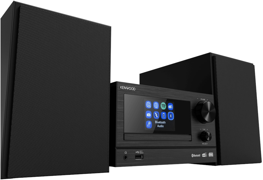 Black Kenwood stereo system. Includes two speakers and a central unit with a screen.