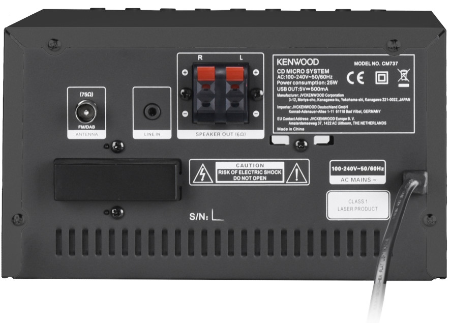 Back of a Kenwood CD micro system. It shows ports, model info and various labels.