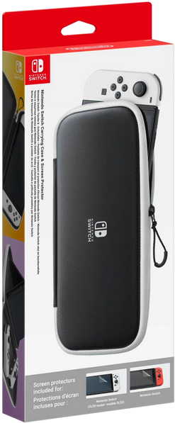 Weiße und schwarze Nintendo Switch Tragetasche mit Switch im Inneren. Die Box zeigt die Switch.