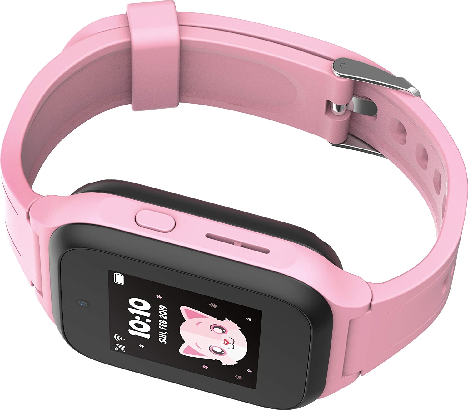 Smartwatch rosa con schermo nero. Mostra l'ora e un gatto dei cartoni animati.