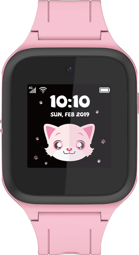 Uno smartwatch rosa per bambini. Mostra l'ora, la data e una faccina di gatto.