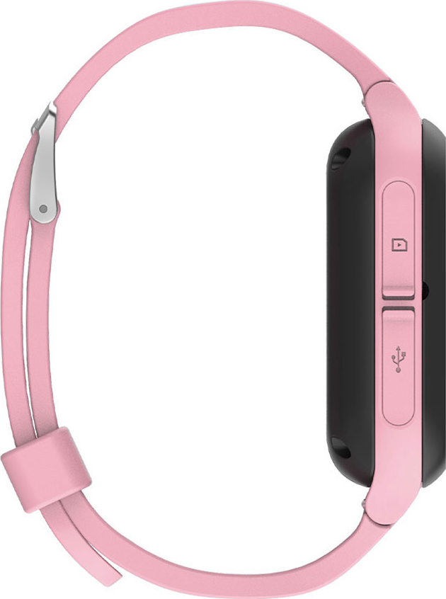 Uno smartwatch rosa con cinturino rosa, schermo nero e pulsanti laterali.