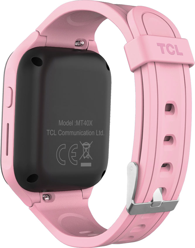 Smartwatch TCL rosa che mostra il retro dell'orologio, con il numero di modello e il logo.