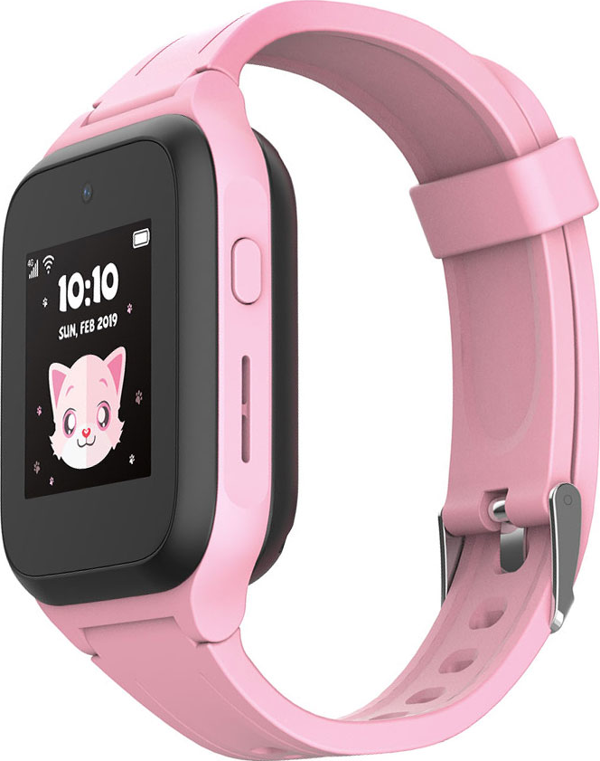 Uno smartwatch rosa con uno schermo nero che mostra l'ora e un gatto.