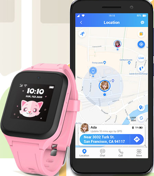 Uno smartwatch rosa e uno smartphone che mostra una mappa con la posizione di un bambino.