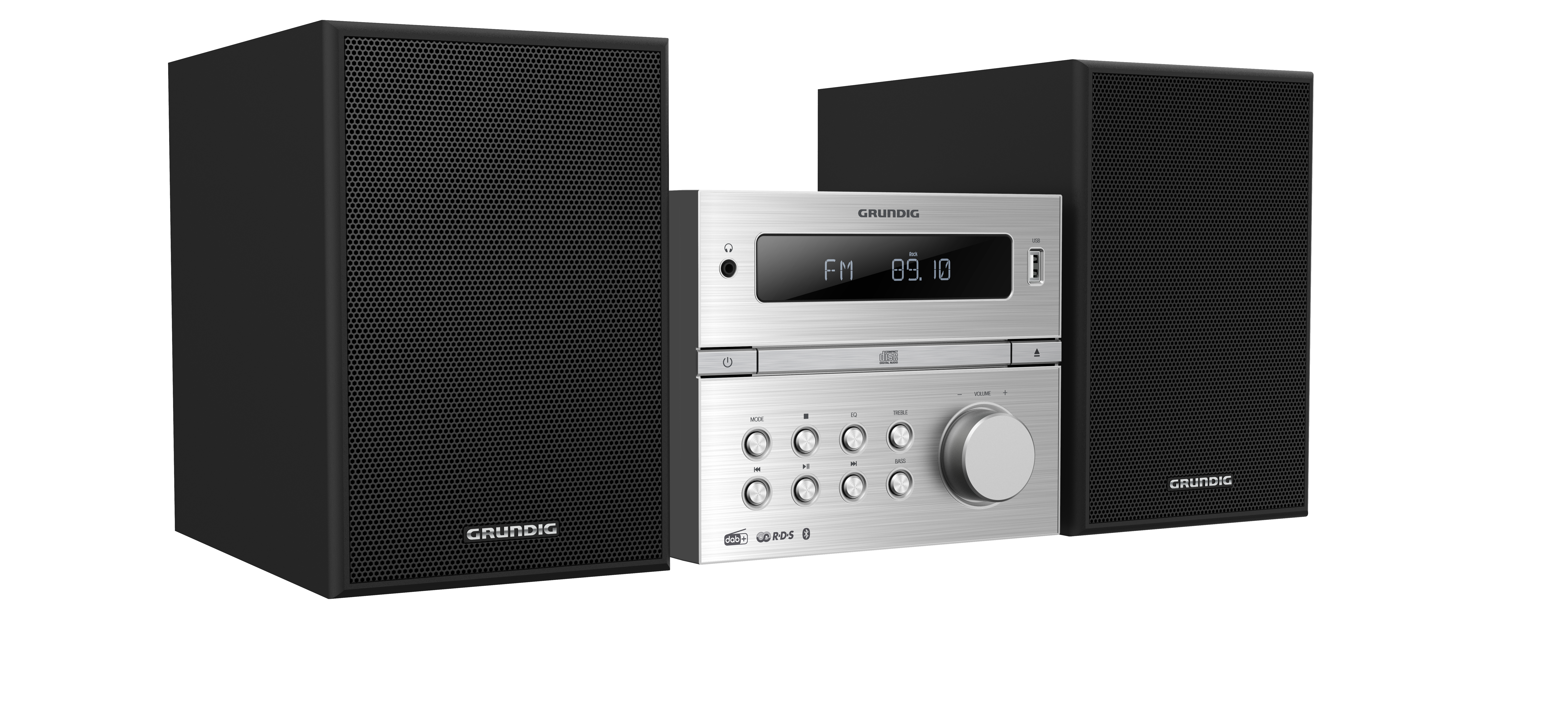 Ein silbernes Grundig-Stereosystem mit zwei schwarzen Lautsprechern, isoliert auf Weiß.