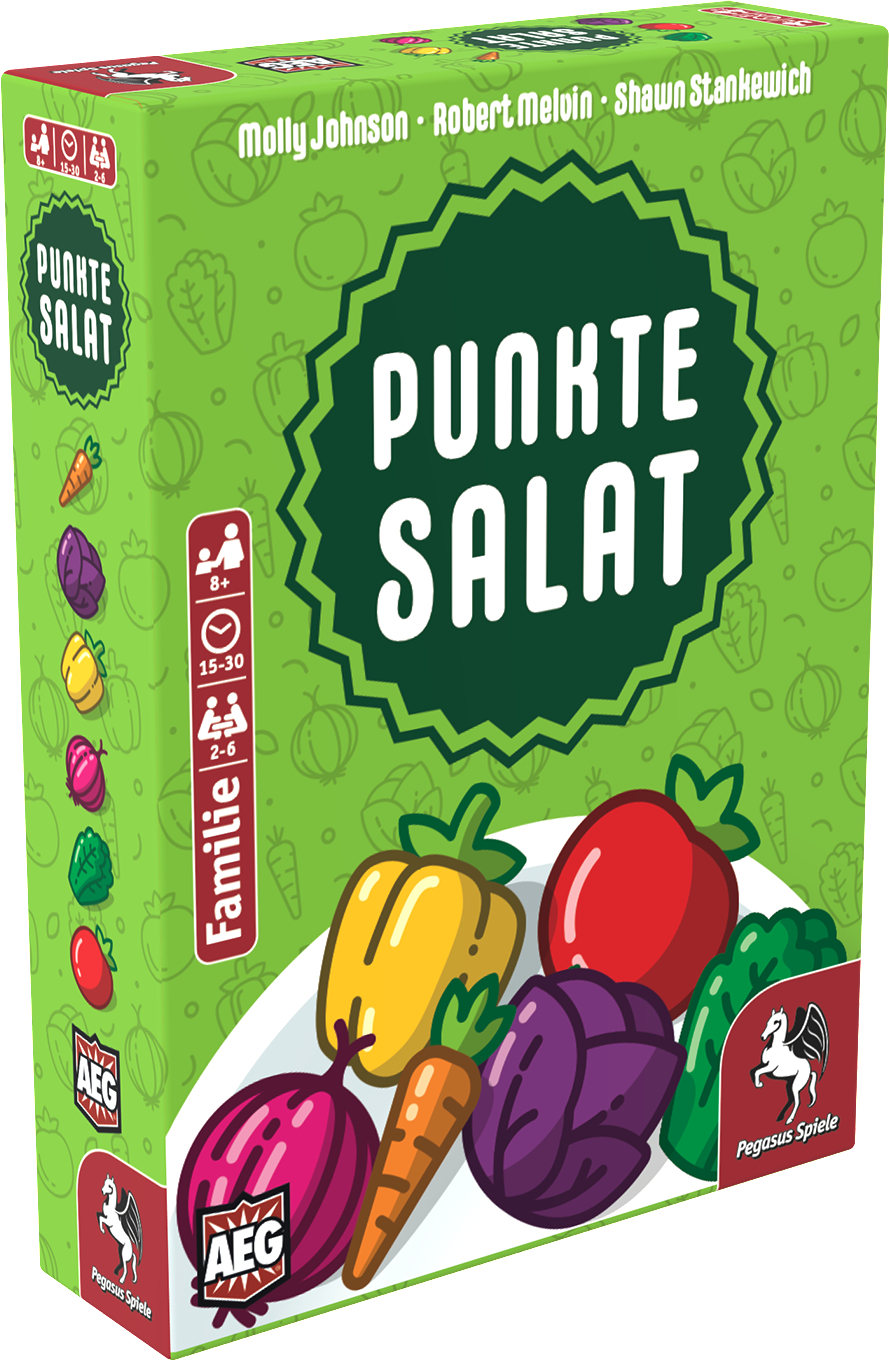 Schachtel eines Brettspiels namens Punkte Salat, mit Gemüse und Text.