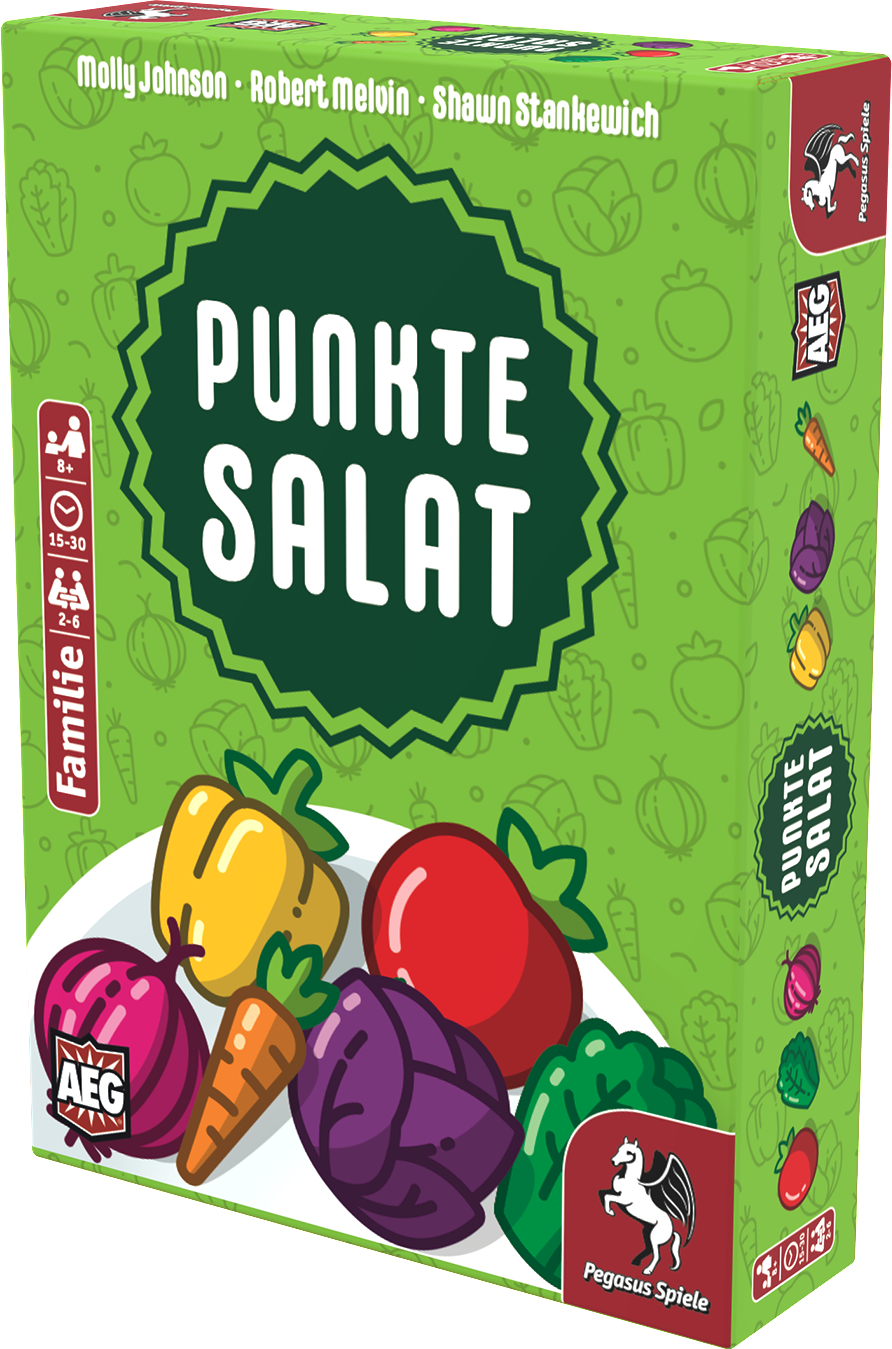 Eine Spielkarton mit dem Titel 'Punkte Salat' mit Gemüseillustrationen.