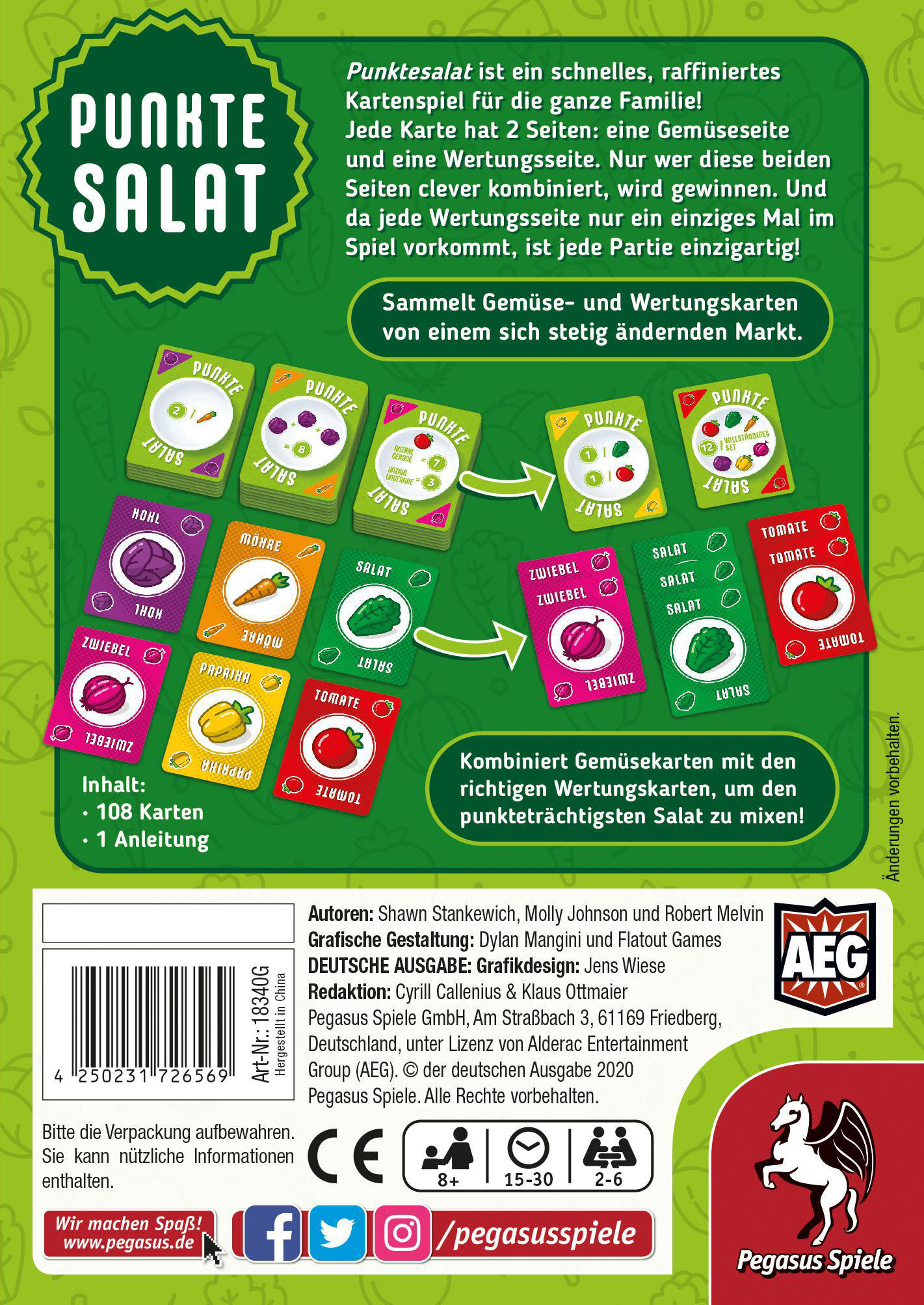 Rückseite einer Punkte Salat Kartenspielbox mit Spielgrafik und Text.