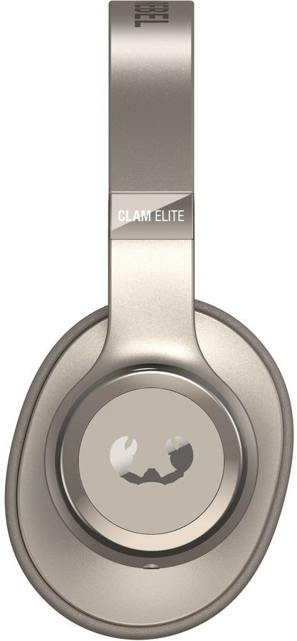 Hoofdtelefoon, zilver, met de merknaam 'CLAM ELITE'.