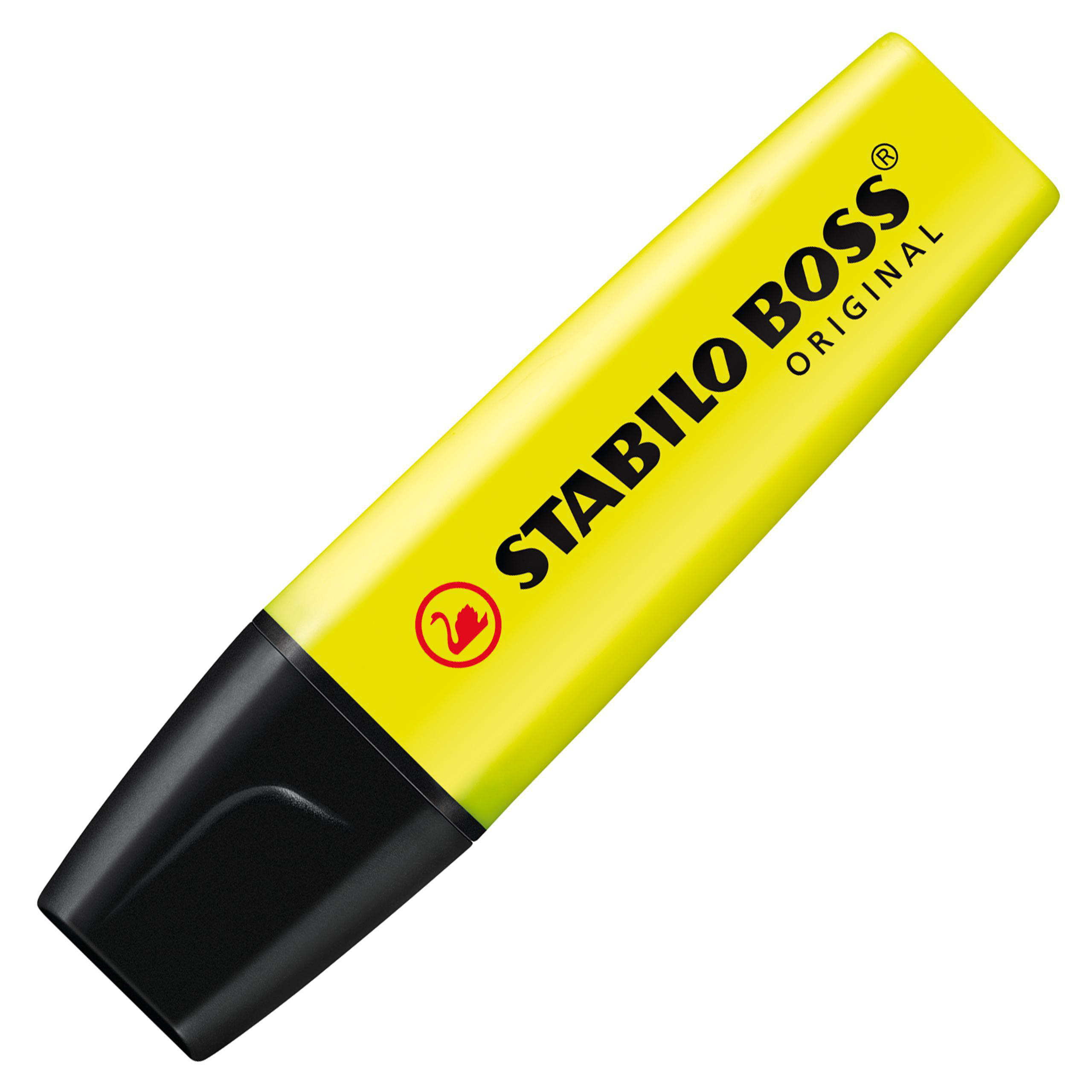 Ein gelber Textmarker mit schwarzen Spitzen und dem Markennamen STABILO BOSS.