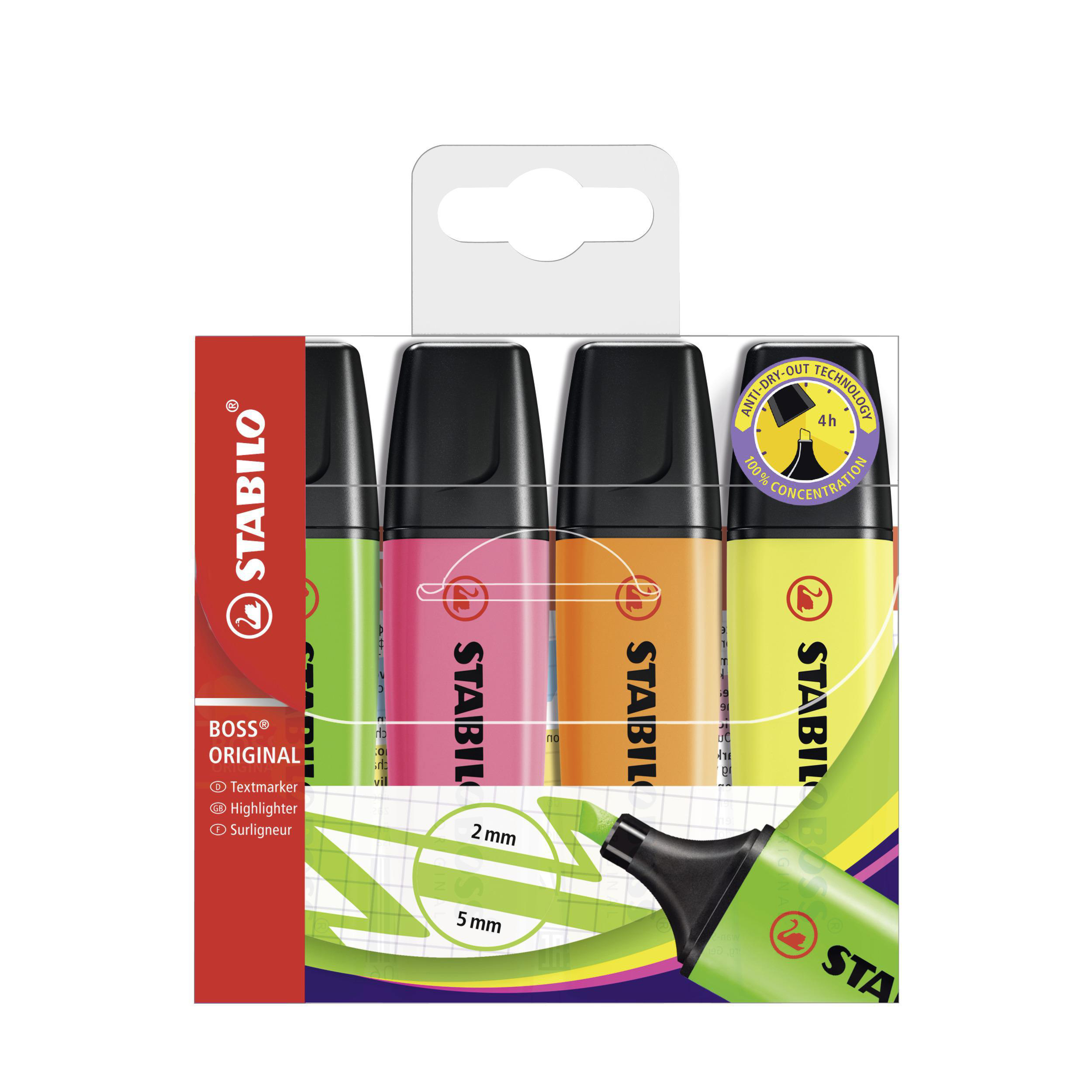 Packung Stabilo Boss Textmarker in Grün, Pink, Orange und Gelb.