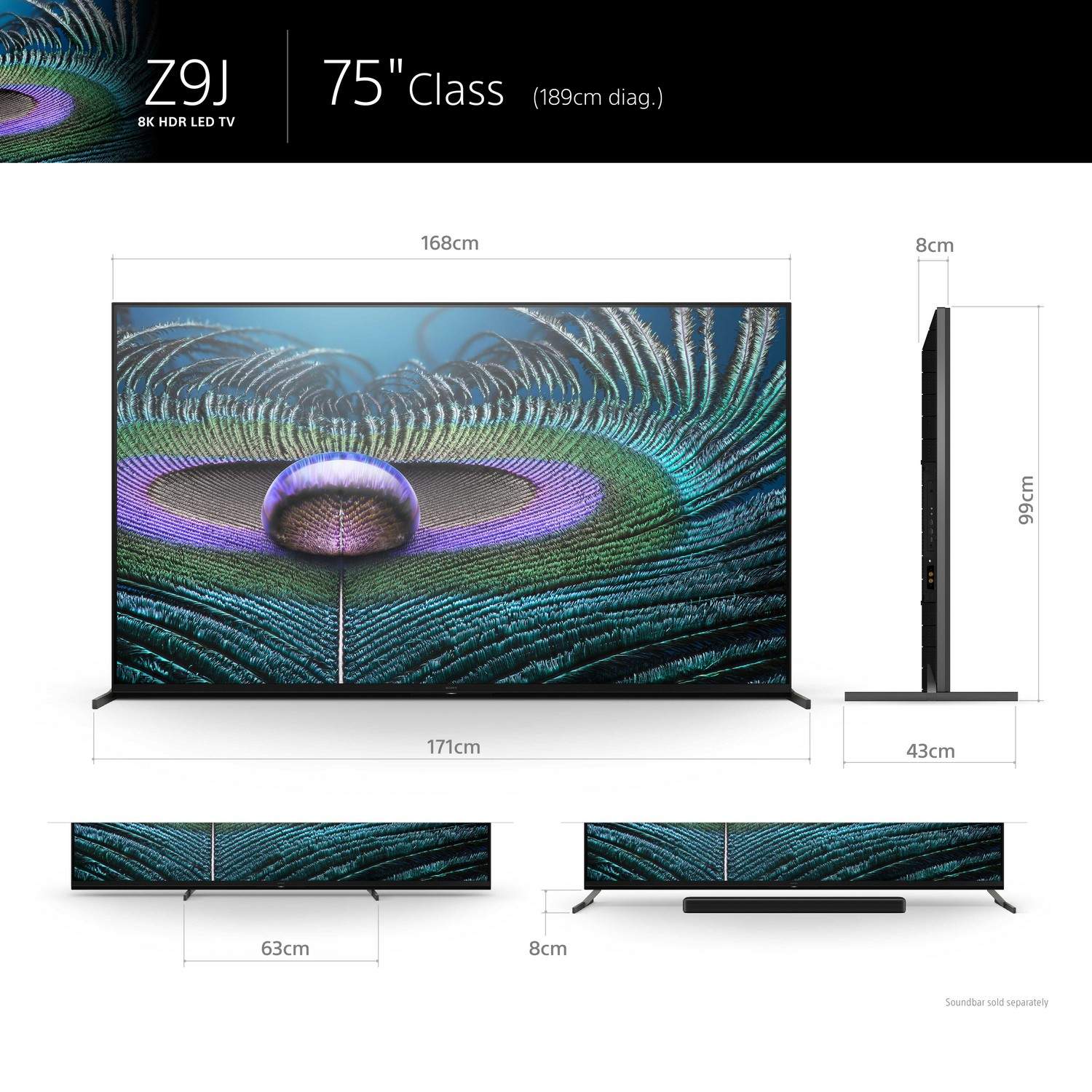 TV LED 75" - Sony 75Z9J, Bravia XR, 8K HDR, Google TV (Smart TV), 4K 120 Hz, Dolby Atmos-Vision, IA, Negro