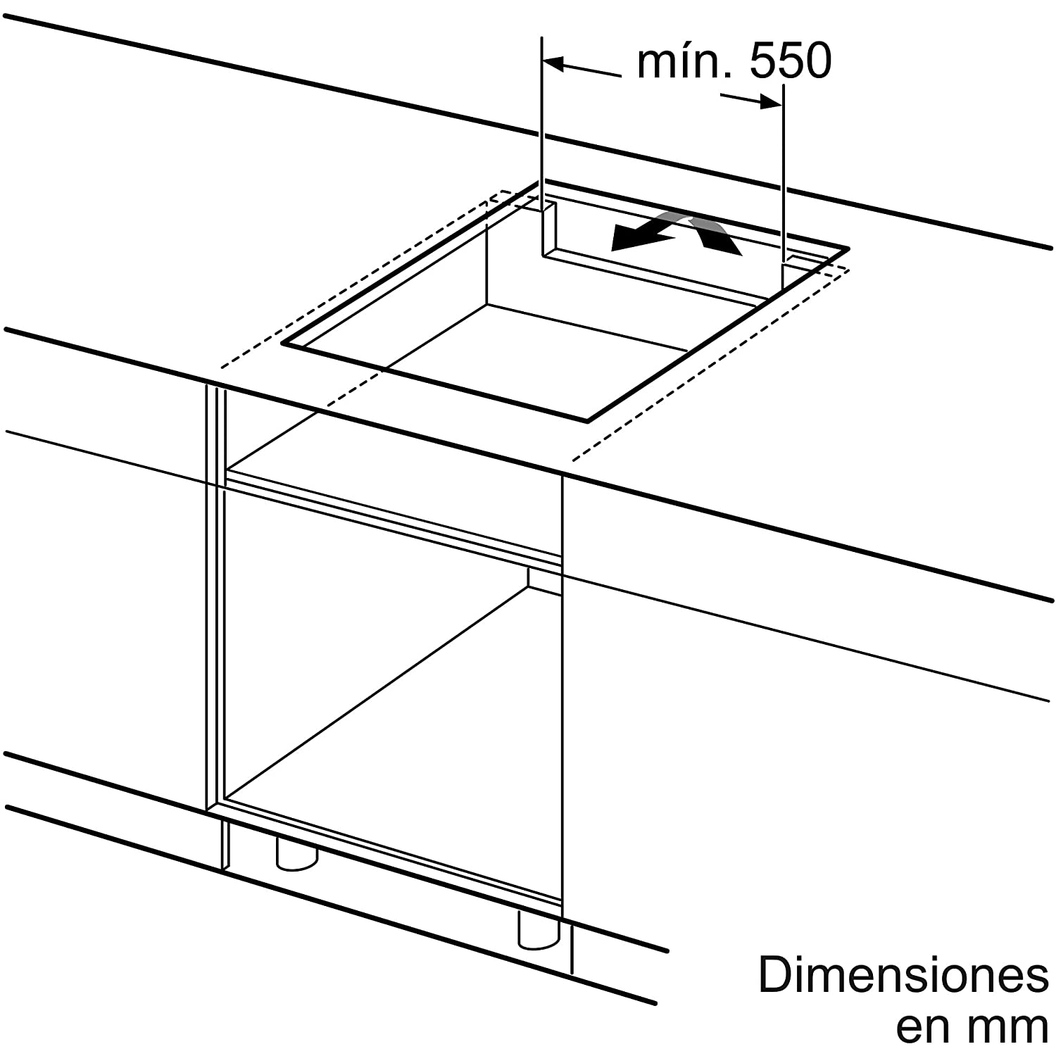 Diagrama de una placa de cocina empotrada con dimensiones y una flecha horizontal que indica el movimiento.