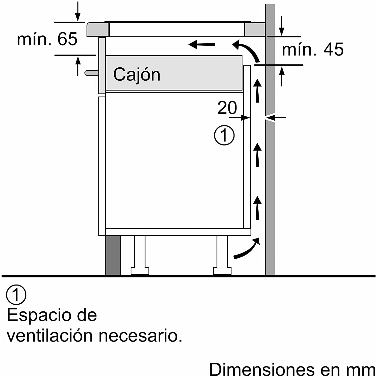 Un esquema de un lavavajillas empotrado con dimensiones.