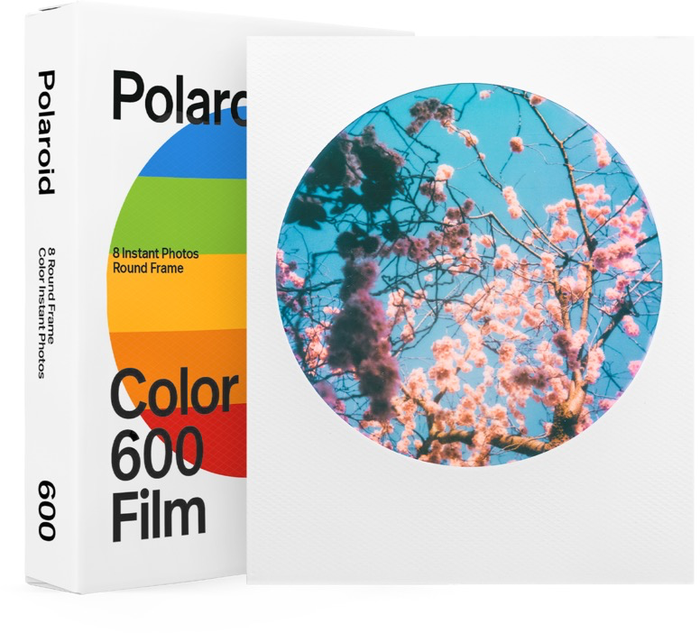 Polaroid film doboz és egy kerek keretes kép egy rózsaszín virágokkal teli fáról kék égen.
