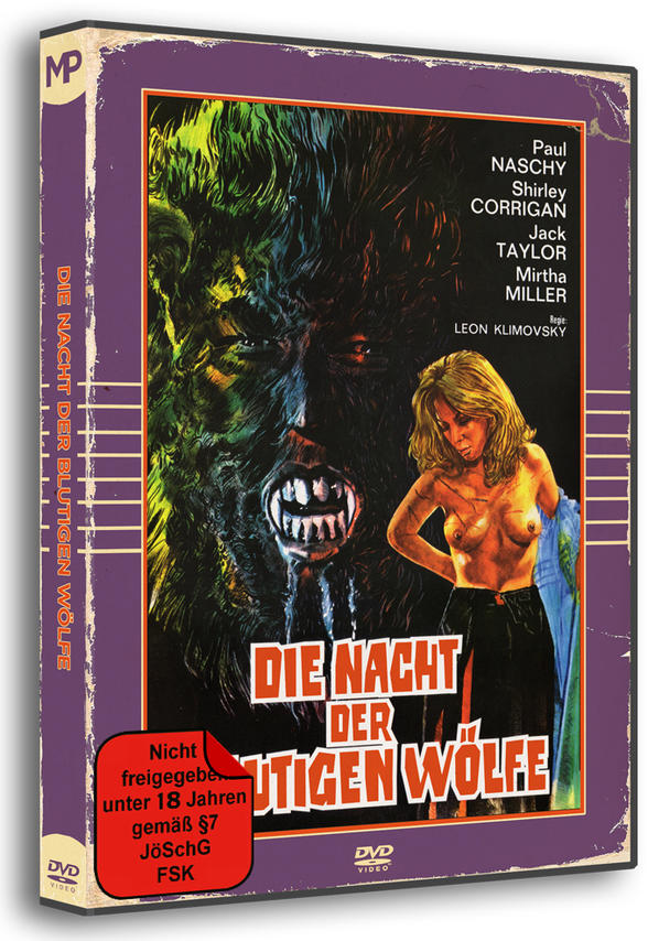 DVD-Cover: Werwolf und Frau. Text: "Die Nacht der Blutigen Wölfe". Bewertung: Nicht unter 18.