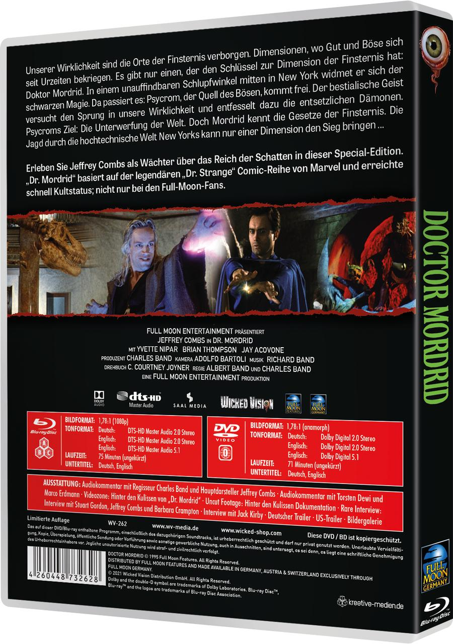 Rückseite einer Doctor Morbid DVD-Hülle mit Schauspielern, Text und Full Moon-Logo.