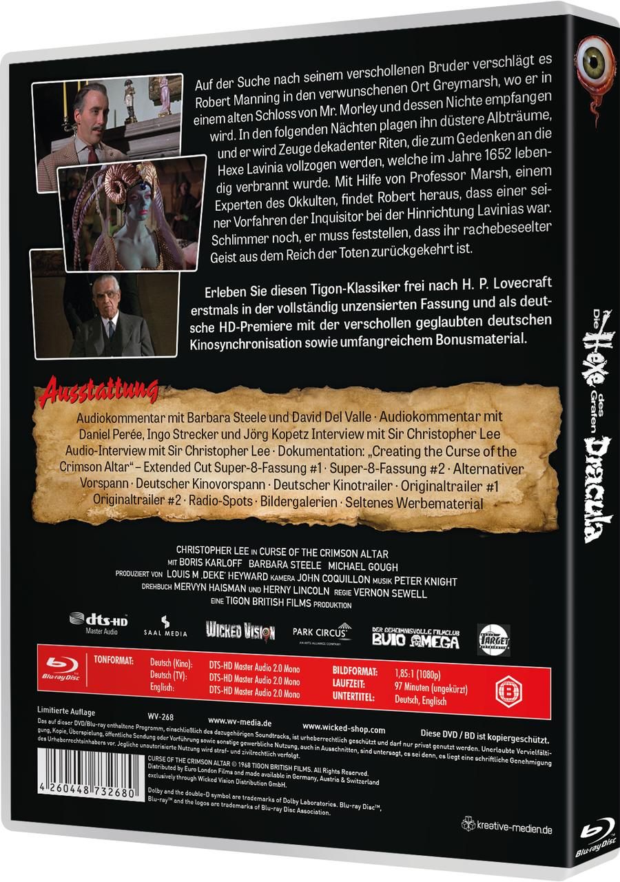 Die Rückseite der DVD-Hülle für den Film 'Curse of the Crimson Altar'.