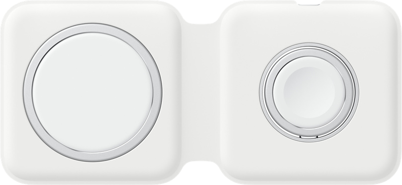 Chargeur Apple MagSafe Duo blanc. Deux pads de chargement.