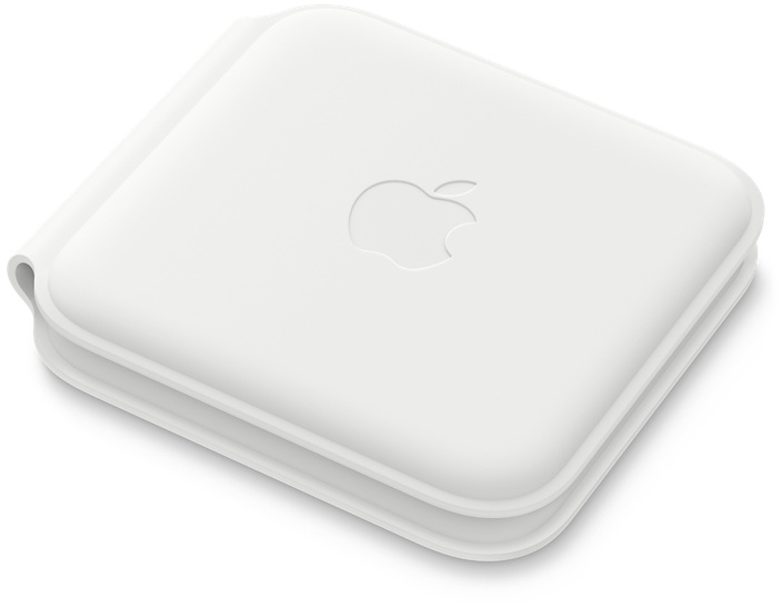 Un étui blanc Apple AirTag avec le logo Apple au centre.