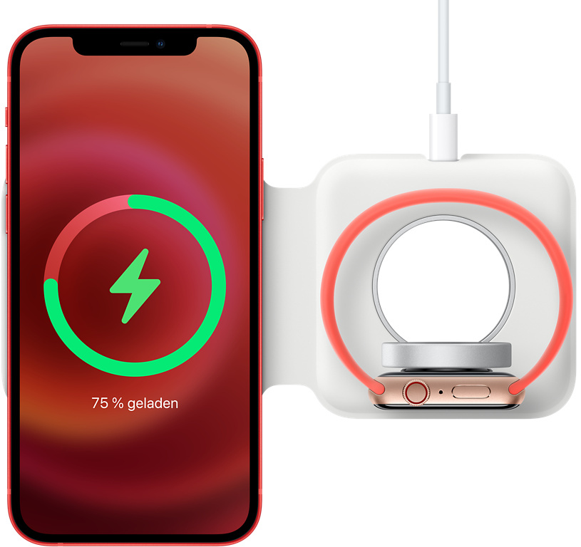 iPhone et Apple Watch se chargent sans fil sur un socle de charge blanc.